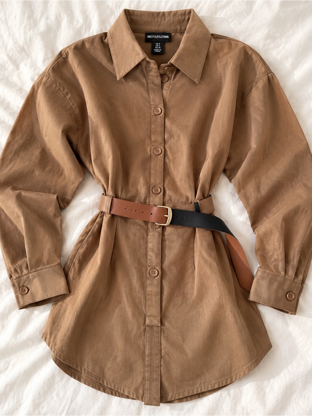 PrettyLittleThing Brown Long Sleeve Shirt Dress with Two-Tone Belt - Picture 4 of 5